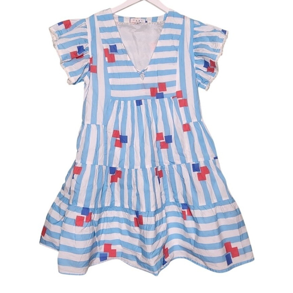 THML Babydoll Mini Dress Flutter Sleeve Striped‎ Blue White V-Neck Tiered Small